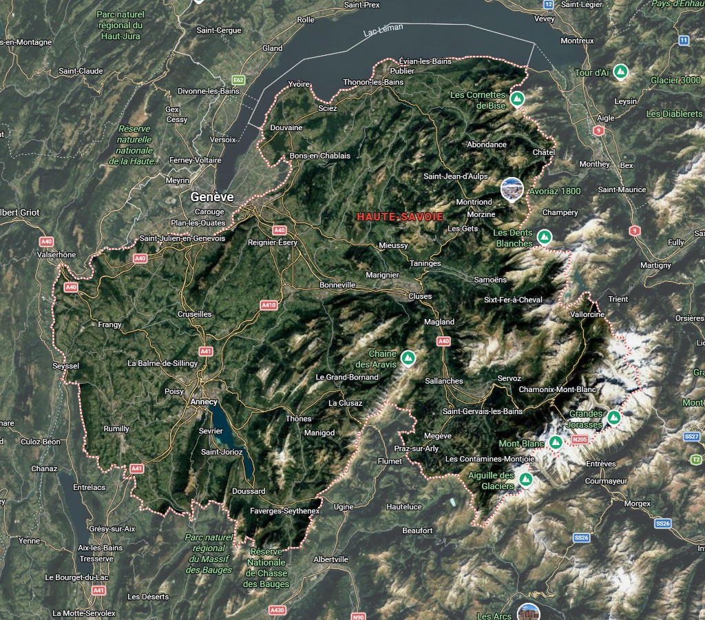 Intervention en Haute-Savoie (74), Annecy et rayon 30 km — David GUERDENER Carte de la Haute-Savoie (74) : lac d'Annecy, relief alpin et zone d'intervention du couvreur David GUERDENER depuis Annecy et environs (rayon 30 km).